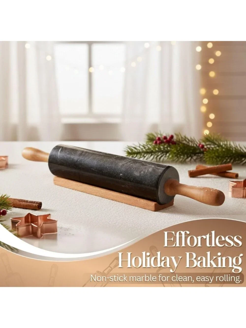 10-Inch Marble Rolling Pin with Wooden Handles & Cradle Stand for Baking Pastry
